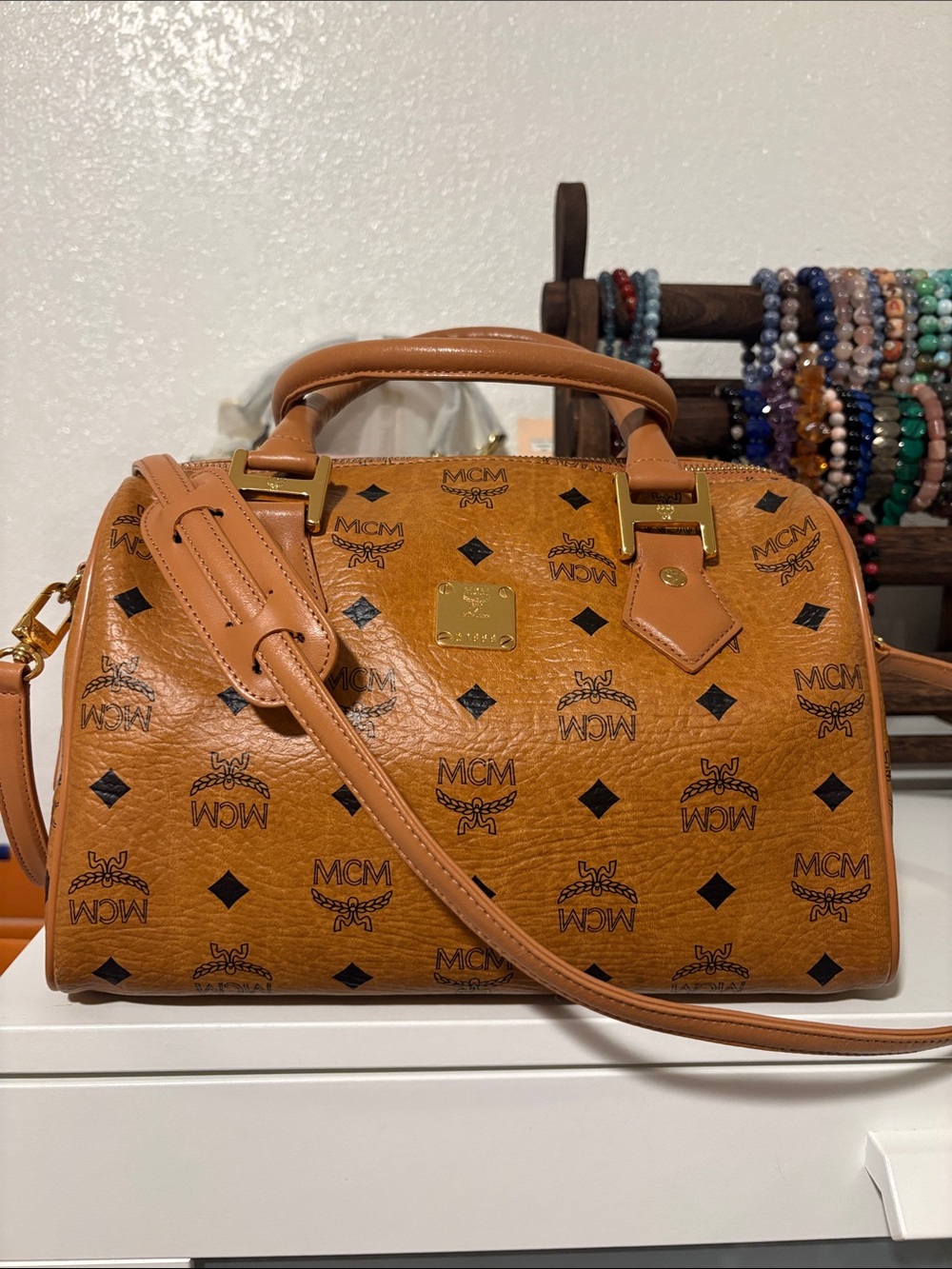 MCM Tan Visetos Boston Satchel with Crossbody Strap